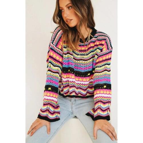 Rainbow Sweater Autumn Winter Women Casual Round Neck Long Sleeve Loose Pullovers Lady Fashion Patchwork Knitted Striped Sweater