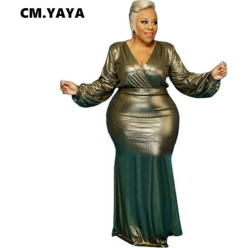 CM.YAYA Gilding V-neck Lantern Long Sleeve Floor Lenght Dress for Women Sexy Club Plus Size S-5XL Maxi Dresses Pencil Vestidos
