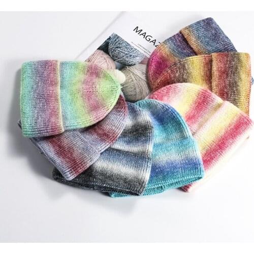 Winter Beanies Hat Women Men Unisex Rainbow Gradient Ribbed Knitted Cuffed Skullies Caps Bonnet Autumn Fall Warm Beanie