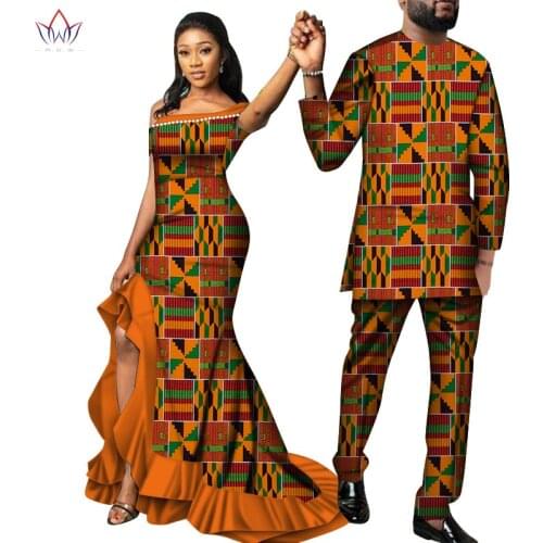 Africa Style Couples Clothing for Sweet Lovers Bazin Long Women Dress & Mens Sets Dashiki Plus Size Wedding Clothing WYQ564