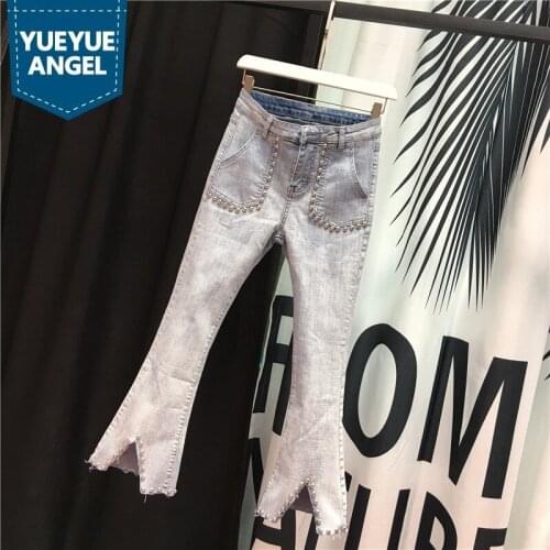 Jeans Woman High Street Spring Slim Straight Flare Jeans Fashion Washed Beaded Denim Ankle Length Pants Boyfriend Jeans