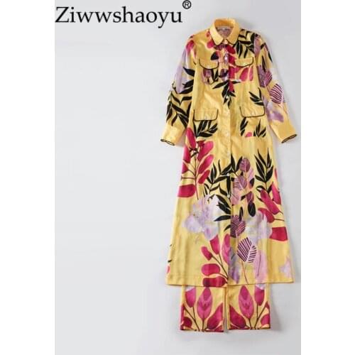 Ziwwshaoyu Elegant Print Cardigan dress + trousers Vintage Pockets Turn-down Collar Dresses 2019 spring and summer new women