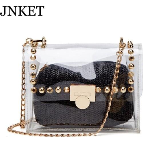 JNKET New 2 in 1 Transparent Shoulder Bag Set Fashion Straw Bag PVC Handbag Rivet Chain Crossbody Bags for Women