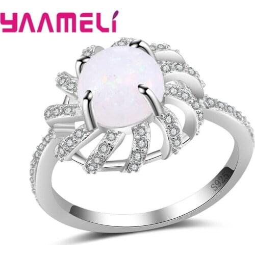 Classical Round Opal Prong Settings 925 Sterling Silver Finger Rings Crystal Cubic Zirconia Jewelry For Women Female