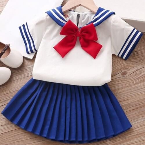 2021 New Summer Suit School Style Navy Style Top+Skirt 2Pcs Clothing Sets Kids Clothes Girls Sets For Girls