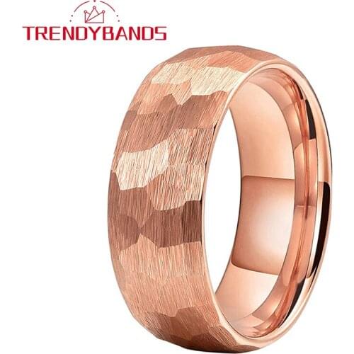 Hammered 8MM Rose Gold Tungsten Carbide Engagement Rings Wedding Bands For Men Women Domed Comfort Fit