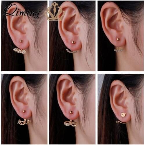 QIMING Fashion Stud Earrings Women CZ Zircon Love Inifinity Gold fashion Geometric Front Back Earrings Statement Jewelry