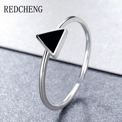 REDCHENG 925 Sterling Silver Black Triangle Rings for Women INS Fashion Simple Temperament Geometric Engagement Jewelry Gifts