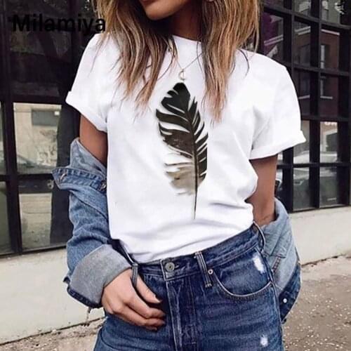 Leaf Printing T Shirt Summer Women Short Sleeve Leisure Top Tee Casual Ladies Female T Shirts Plus Size Woman Clothing