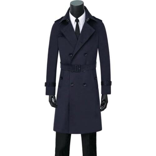 Blue mens trench coats S - 9XL man middle length coat men spring autumn clothes business casual slim fit overcoat long sleeve