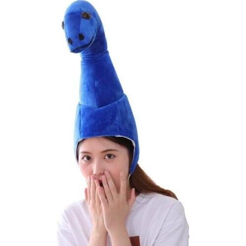Blue long-necked dinosaur head hood hat plush hat toy birthday stuffed cap gift