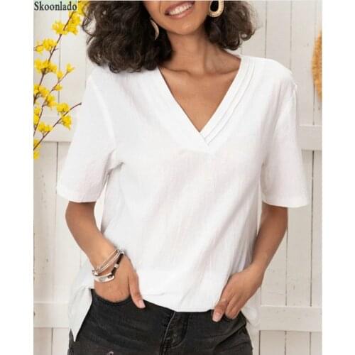 Cotton linen tops V-neck white short-sleeved summer solid blouse women linen tops white color formal elegant blouse working tops