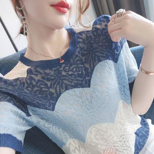 Blouses Femme Top Tops Women Short Sleeve Knit Blouse Women Blusas Mujer De Moda 2021 O-Neck Knitted Pullover Blouse Shirt E922