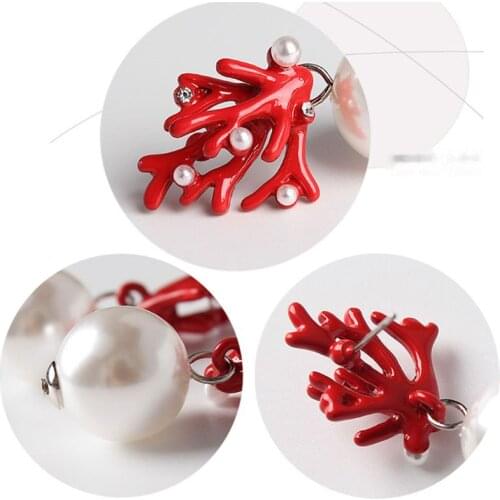 Women Acrylic Coral Earrings Enamel Red Coral Resin Antlers Pearl Stud Earrings Fashion Jewelry E56A