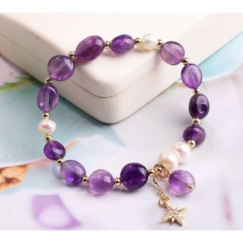 14k Gold Natural Amethyst Freshwater Pearl Bracelet Female Ins Niche Design Handmade Jewelry Gift