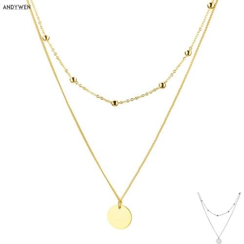 ANDYWEN 925 Sterling Silver Gold Round Pendant Chain Chocker Women Double Chain Necklace Simple 2020 Fashion Luxury Jewelry