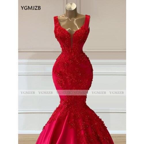 Red Women Formal Evening Dresses 2021 Mermaid V-Neck Sleeveless Beads Flowers Girls Prom Party Gowns Custom Made