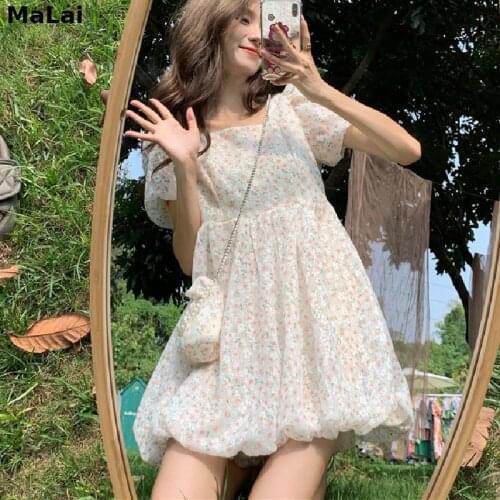 Women Floral Kawaii Puff Slleve Vintage Dress 2021 Summer Elegant Dresses Female Casual Sweet Chic Outdoor Party Mini Dress New