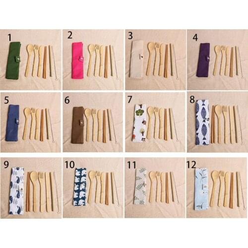 7 pcs/set bamboo cutlery set 20 style portable bamboo straw dinnerware set with cloth bag knives fork spoon chopsticks SN1960