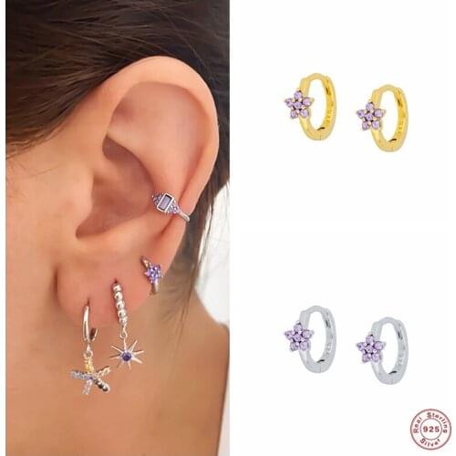 Aide Delicate Purple Rhinestone Flower Hoop Earrings Korean Crystal Loops Ear Ring Pendientes Oorbellen 925 Sterling Silver
