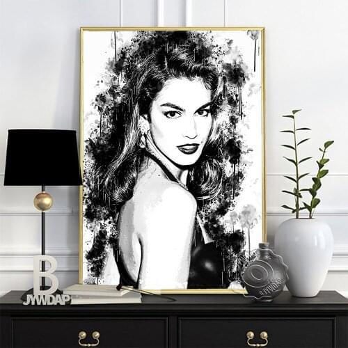Cindy Crawford American Supermodel Poster, Black White Elegant Wonman Art Print, Nordic Minimalism Watercolour Figure Wall Decor