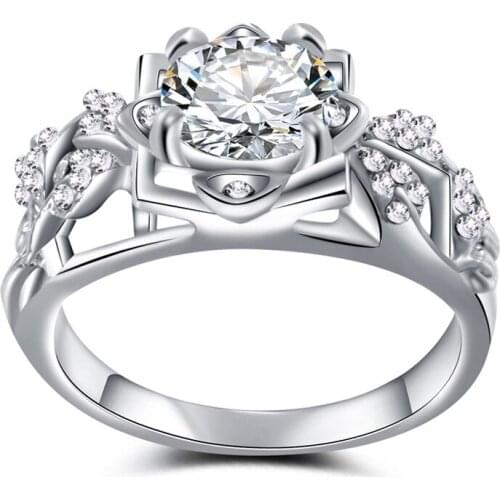 Ociki Cubic Zirconia Silver Color Wedding Crystal CZ Rings Party Trendy Jewelry Flower for Women Girls Gift Dropshipping Gift