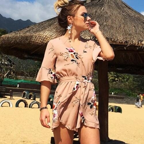 Jumpsuit women bodysuit 2021 Europe V-neck Ruffle Sleeved Bohemia Holiday Beach Printed Chiffon rompers womens jumpsuit HJY7921
