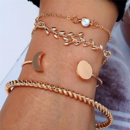 L&H Fashion Opening Adjustable Bracelets Set Bling Bling Rhinestone Bracelets For Women Leaves/Spiral Shape Bracelets Bangles