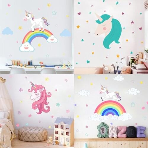 Cute rainbow unicorn wall stickers bedroom dormitory girl heart decoration wall stickers for kids baby room wall decals