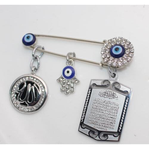 Muslim islam turkish evil eye Allah AYATUL KURSI hamsa hand of fatima Stainless steel brooch baby pin