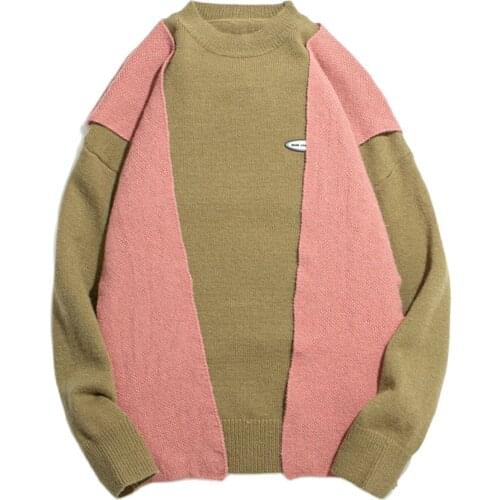 2020 Hip Hop Fake Two Color Block Patchwork Knitted Sweater Mens 2020 Harajuku Jumper Sweater Oversize Pullover Tops Cotton
