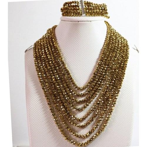 Fashion gold-color crystal glass 4x6mm beads 8 rows chain necklace 5 rows bracelet jewelry set B848