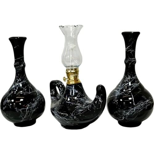 Tile 3 Piece Tile Console Set-2 Vase 1 Gas Lamp Black Color with Marble Pattern-Handmade Turkish Traditional Gift