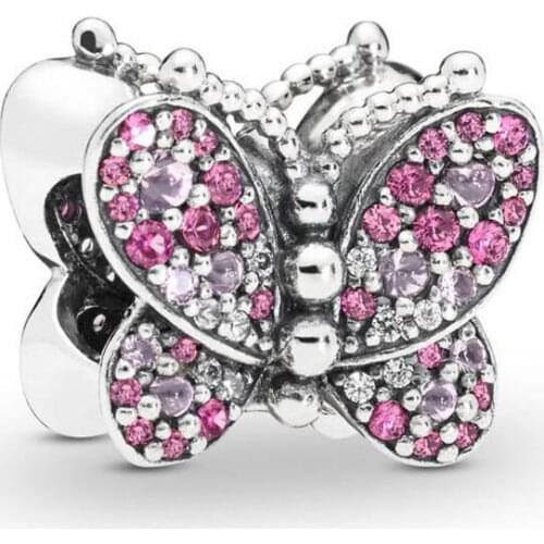 Fits Original Pandora Bracelet 925 Sterling Silver Dazzling Pink Butterfly Charm Metal Beads for Wome DIY Jewelry Gift Wholesale