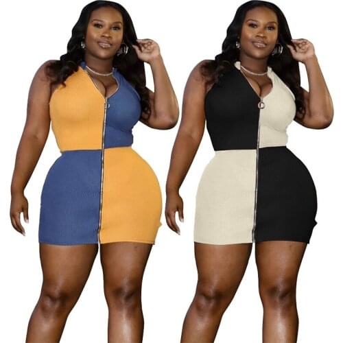 Plus Size Dress Women Summer 2021 Wholesale Knitted Bodycon Patchwork Zipper Up High Stretch Outfits Streetwear Dropshipping