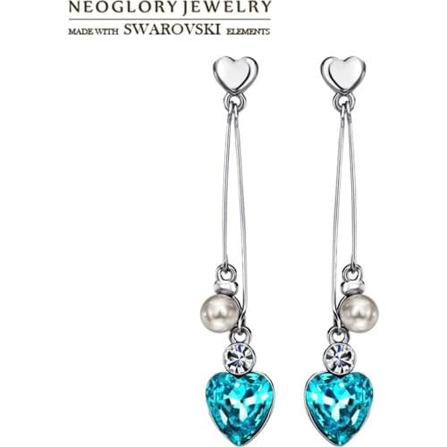 Neoglory Austria Crystal & Rhinestone & Simulated Pearl Dangle Long Earrings Romantic Love Heart Style For Lady Trendy