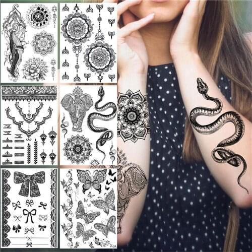 Snake Elephant Tribal Temporary Tattoos For Women Men Adult Fake Mandala Henna Tattoo Sticker Butterfly Black Bow Tatoos Paste