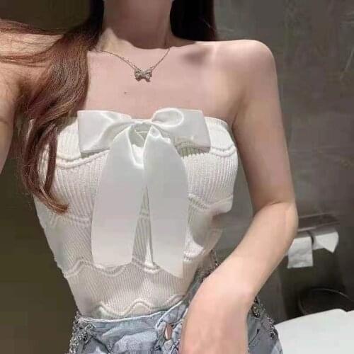 Heliar Women Knitted Bow Knot Crop Tops Solid Cute Ribbed Tube Tops Off Shoulder Crop Tops Women White Top Summer