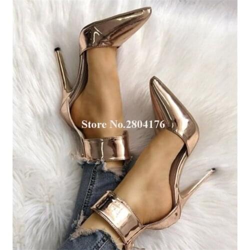 Women New Fashion Pointed Toe Patent Leather Stiletto Heel Pumps Ankle Buckle Gold Silver High Heels Formal Dress Shoes