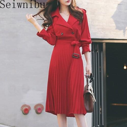 Spring and Autumn Womens Long Sleeve Windbreaker Dress Double-breasted Belted Pleated Knee-Length Dress