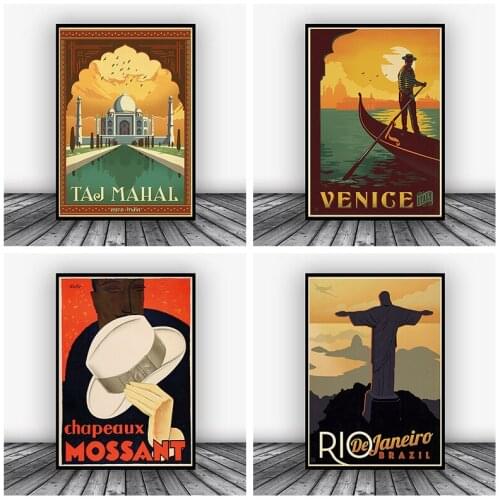 Taj Mahal Asia Europe City Travel Posters and Prints Vintage Wall Art Decor Canvas Painting Venice Scenery Picture for Bedroom