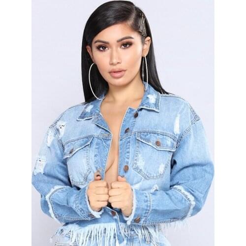 2020 Sexy Tassel Denim Jackets Women Hole Boyfriend Style Long Sleeve Vintage Jean Jacket Denim Loose Autumn Denim Coat Jean