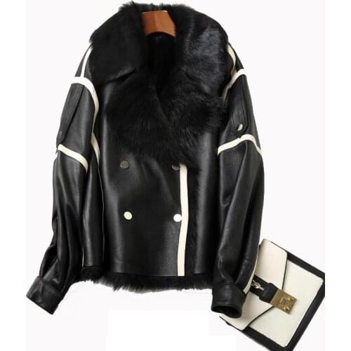 2020 new fashion Tuscan wool black lapel shearling genuine leather locomotive women jacket with pocket real leather jacket