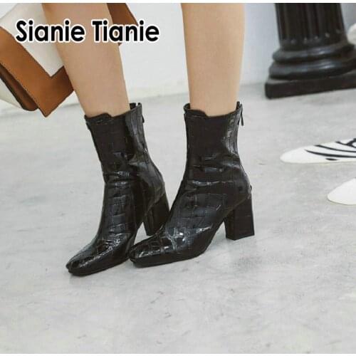 Sianie Tianie 2020 winter spring patent PU leather white red square toe woman boots block high heels women ankle boots size 48