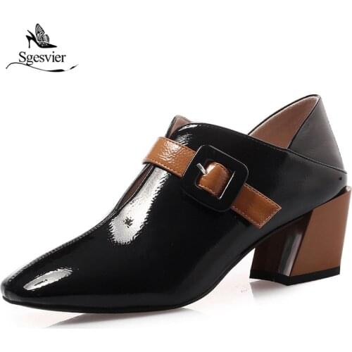 Sgesvier Spring High Heels Shoes Women Pumps Patent leather Single Woman Shoes Thick Heels Buckle Pointed Toe Female Pumps B980