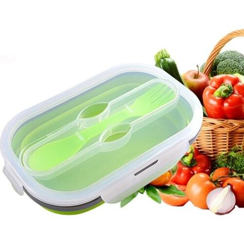 800-1000ml Foldable Silicone Lunch Box With Spoons Forks Portable Bento Box Folding Lunchbox Microwavable Food Container