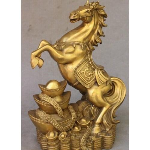 901++++++13" lucky Chinese Brass Wealth Year Zodiac Horse Up On YuanBao Coin Statue Set Medicine copper Decoration real
