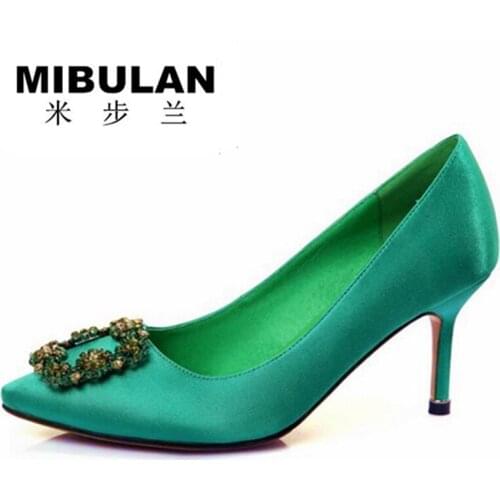 Free shipping female colorful diamond buckle Green color silk stain wedding pumps womens green color crystal buckle party pumps