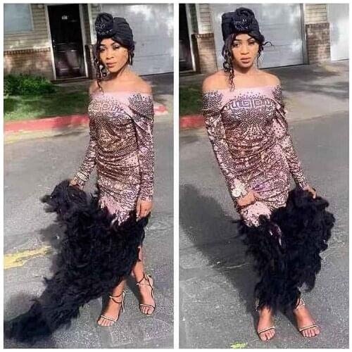 Sparkly Rhinestones Feather Long Dress Women Prom Birthday Celebrate Party Dresses Sexy Nightclub Stage Performance Costume