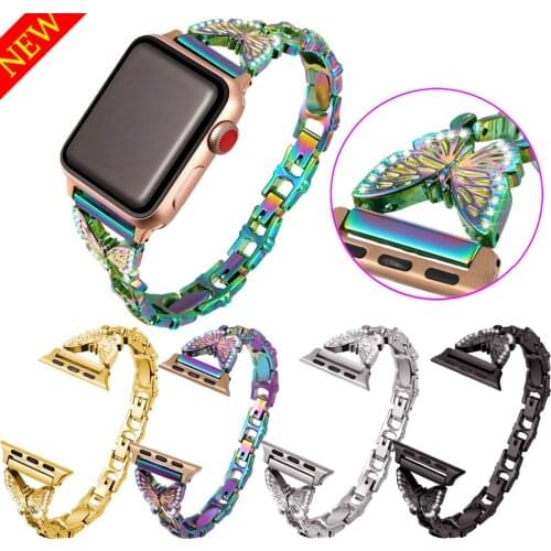 Diamond-encrusted Butterfly Strap For Apple Watch Band 40mm 44mm Metal Stainless Steel Chain Watchbands for iWatch 38 42mm Lady